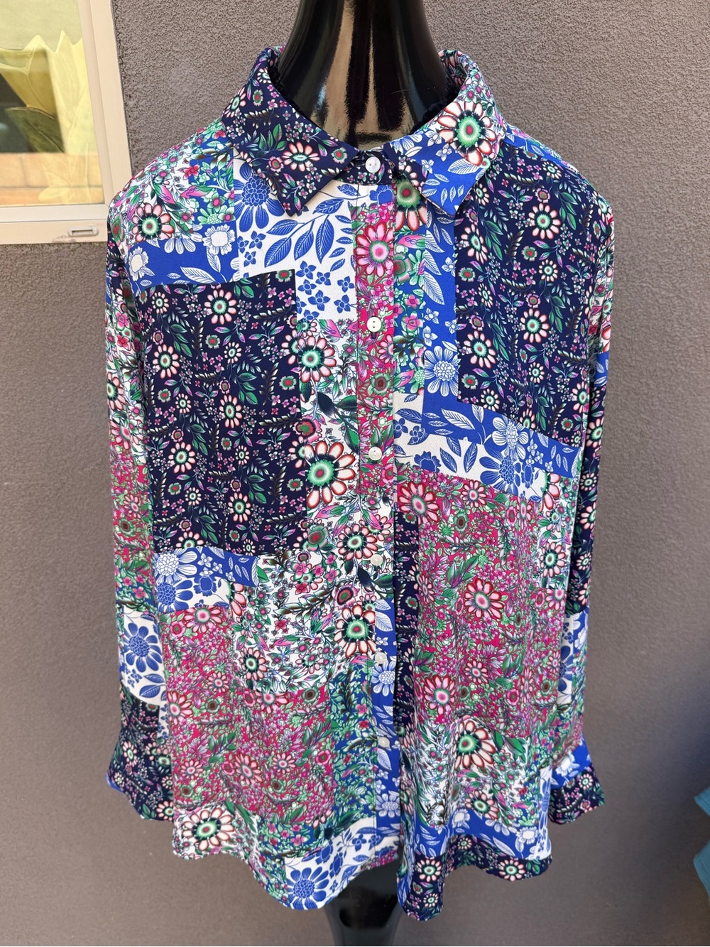 Jones & Co Plus 1X Floral Patchwork Button Up Shirt Long Sleeve Blouse